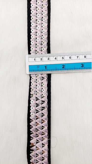 Black Cotton Fabric Lace Trim with Pink Thread and Gold Sequins Embroidery, Decorative Trim, Bohemian Trim
